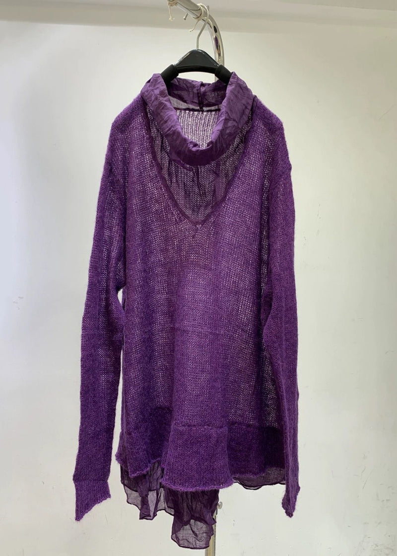 Purple Turtleneck Hollow Out Knit Sweaters Fall