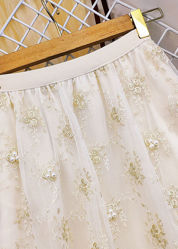Apricot Elastic Waist Embroideried Nail Bead Tulle Skirts Summer