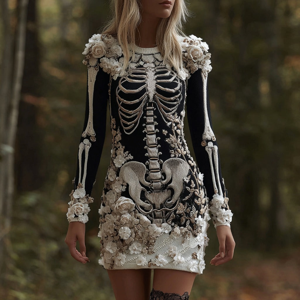 Comstylish Classy Skull And Roses Art Cozy Knit Sweater Dress