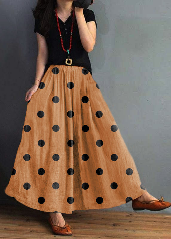Orange Polka Dots Patchwork Elastic Waist Swing Skirt With Pocket