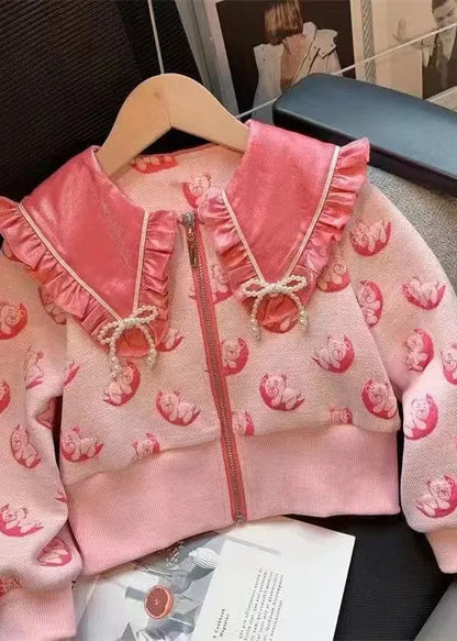 Pink Ruffled Print Top and Skirts Cotton Kids Two Piece Set Fall
