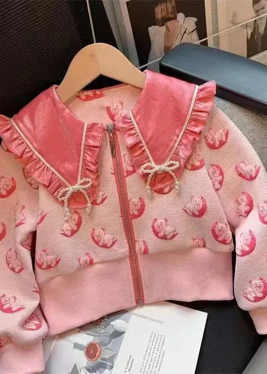 Pink Ruffled Print Top and Skirts Cotton Kids Two Piece Set Fall