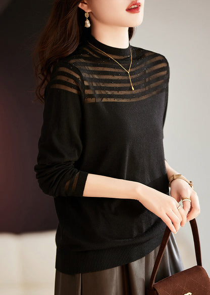 Coffee Nail Bead Tulle Patchwork Knit Top Long Sleeve