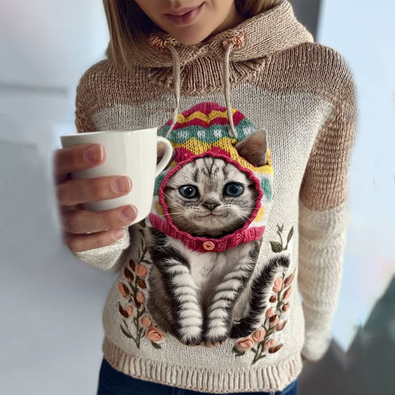 Women's Cute Winter Strawberry Cat Art Knitted Warm Sweater