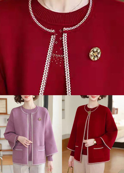 Red O-neck Cotton Knit Coats and Sweater Two Pieces Set Three Quarter Sleeve