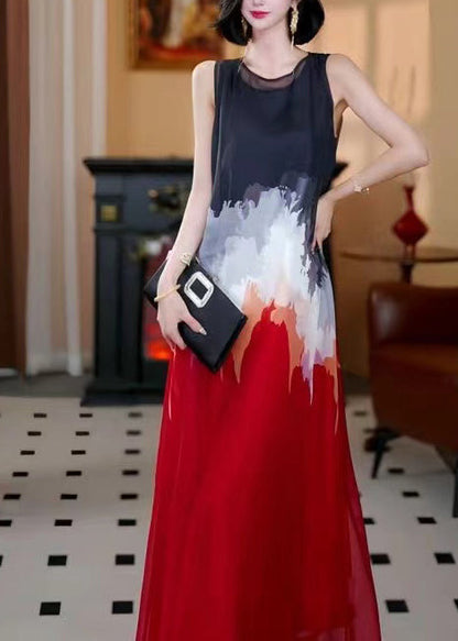 Red Oversized Tie Dye Chiffon a Line Dress Sleeveless