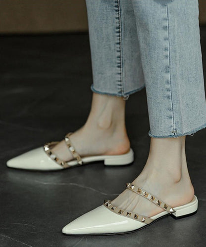 White Rivet Pointed Toe Cowhide Leather Slide Sandals