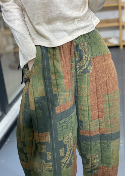 Green Print Pockets High Waist Cotton Filled Pants Winter