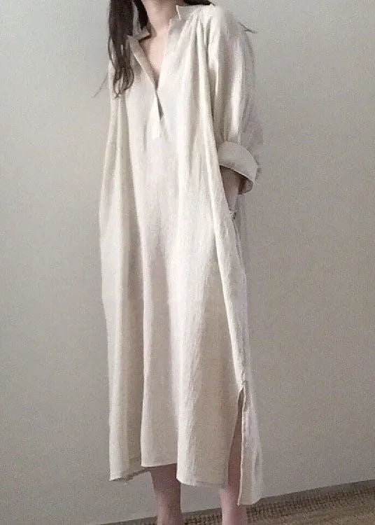 Apricot Side Open Stand Collar Cotton Dresses Long Sleeve