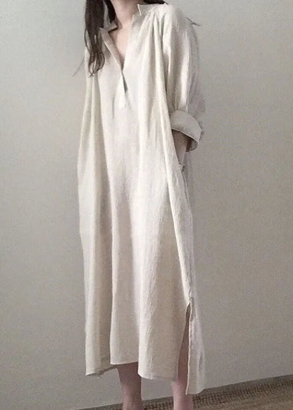 Apricot Side Open Stand Collar Cotton Dresses Long Sleeve