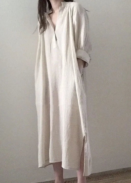 Apricot Side Open Stand Collar Cotton Dresses Long Sleeve