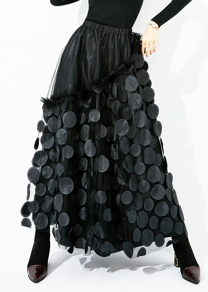 Original Design Green-black Dot Elastic Waist Patchwork Wrinkled Tulle Skirt Summer