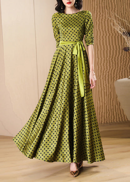 Boutique Green Dot Print Lace Up Silk Velvet Dress Fall