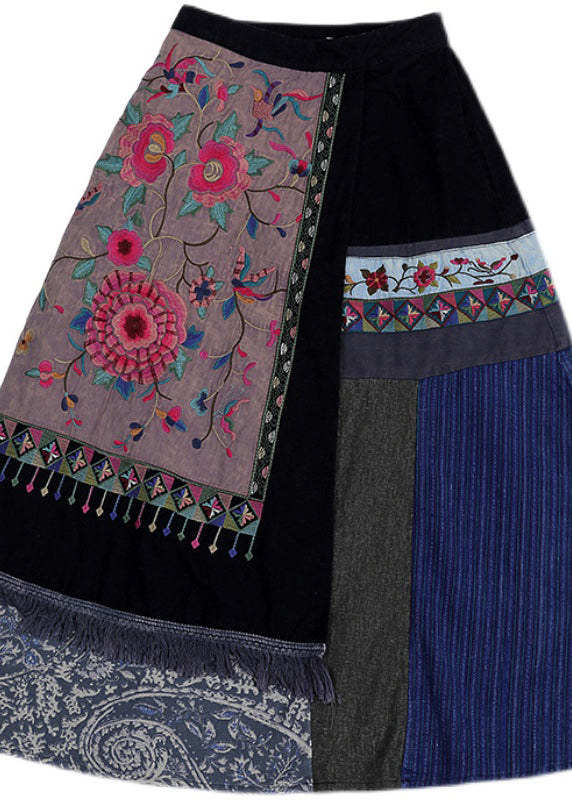 Retro Embroideried Pockets Elastic Waist Cotton a Line Skirt Fall