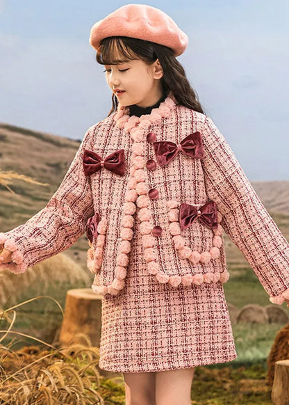 Pink O-neck Patchwork Button Kids Coats and Skirts Two Pieces Set Spring