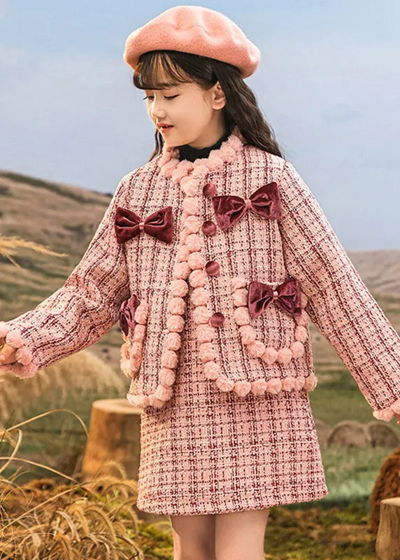 Pink O-neck Patchwork Button Kids Coats and Skirts Two Pieces Set Spring