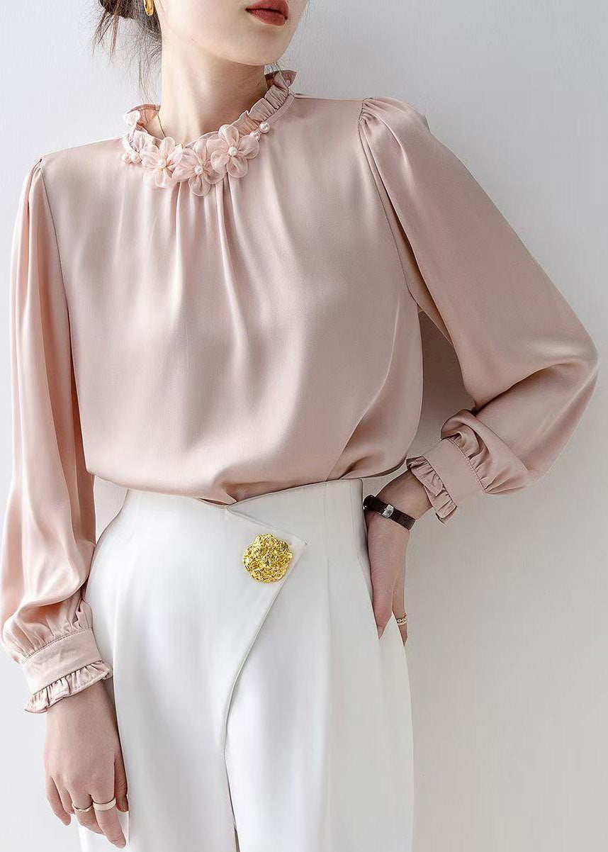 Pink Ruffled Chiffon Tops Spring