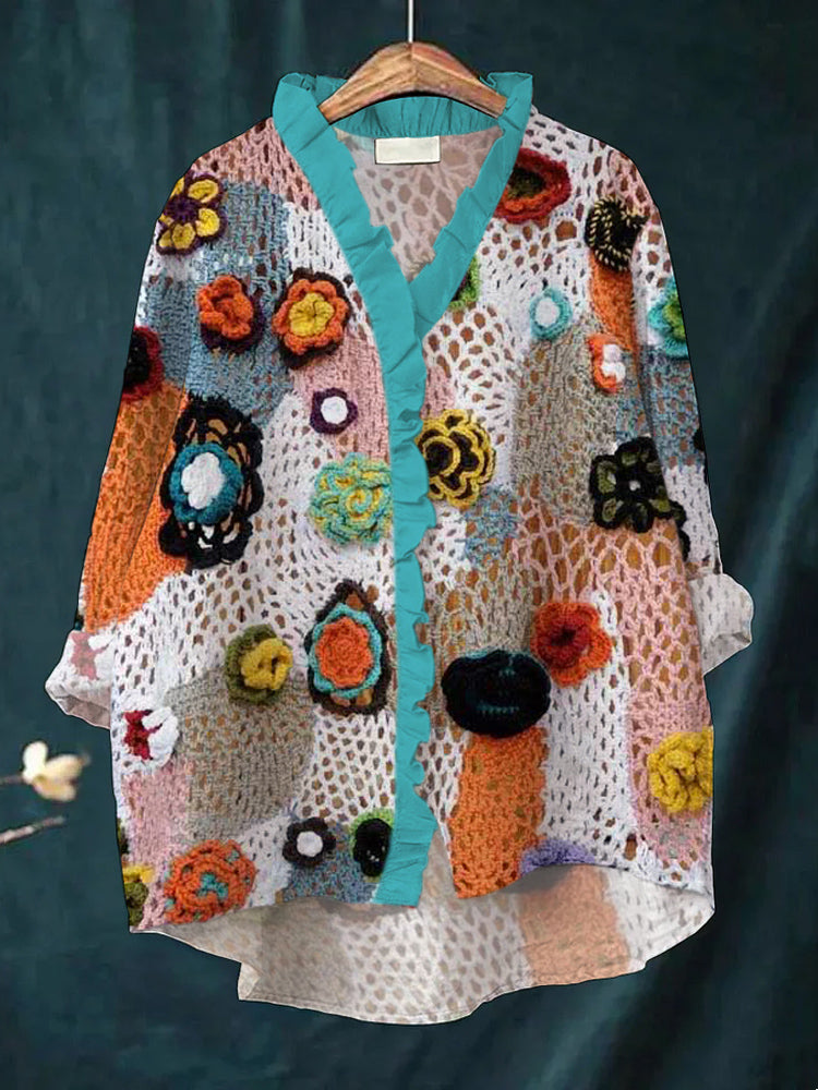 Colorful Floral Art Women's Knit Hollow Out Ruffle Shirt elevenforest