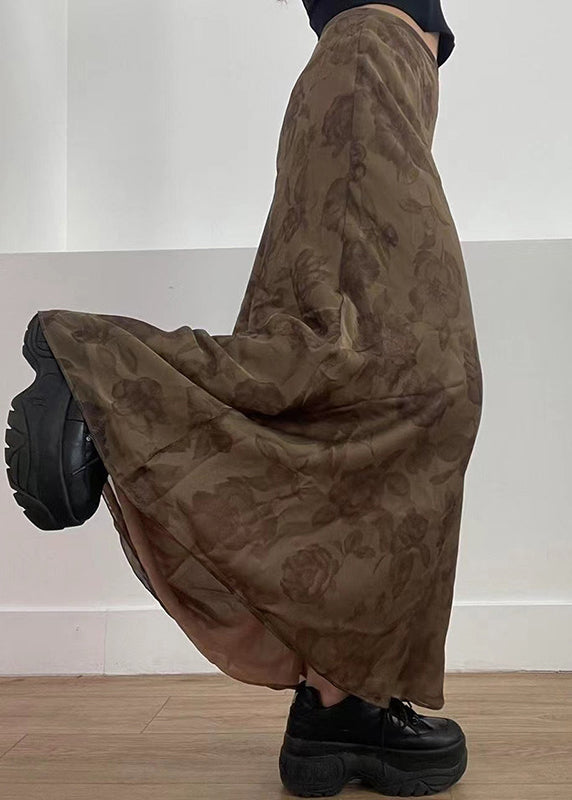 Brown Print High Waist Patchwork Tulle Maxi Skirts Fall