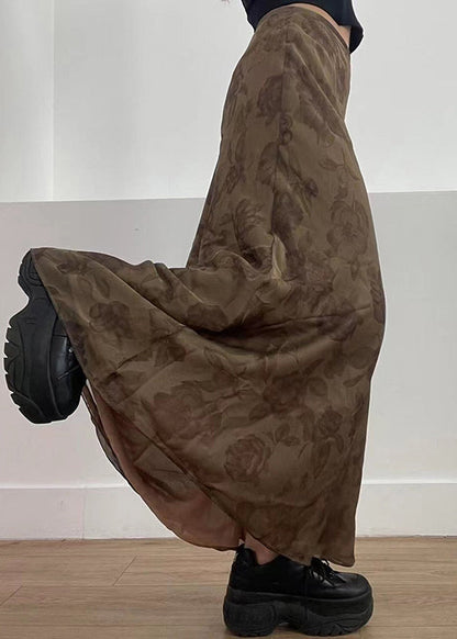 Brown Print High Waist Patchwork Tulle Maxi Skirts Fall