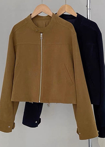 Classy Brown O-neck Zippered Button Coats Spring