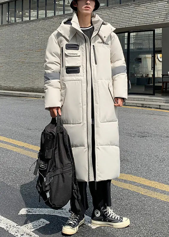 Loose Beige Hooded Pockets Duck Down Down Long Coats Winter