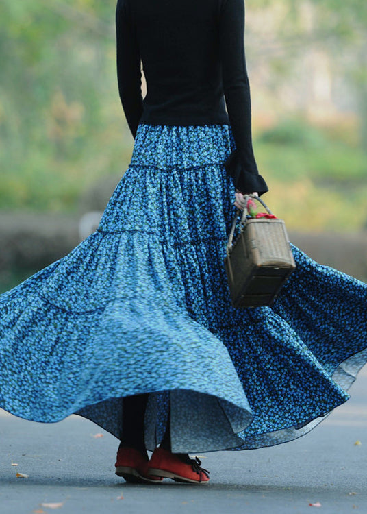 Blue Wrinkled Print Patchwork Corduroy Skirts Spring
