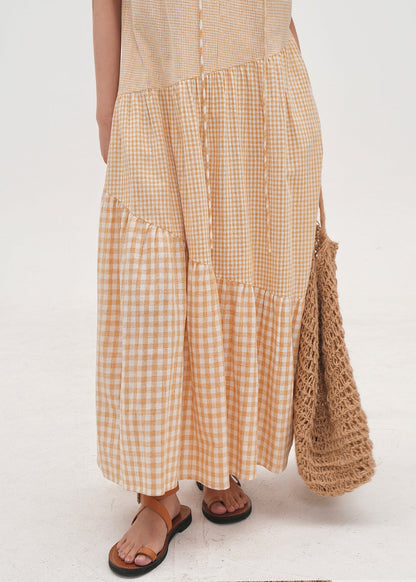 Beige Oversized Patchwork Plaid Cotton Dresses Summer