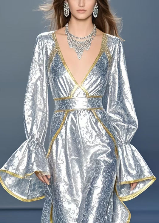 Silvery Asymmetrical Design Silk Vestidos Dress Flare Sleeve