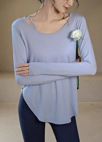 Loose Blue O-neck Patchwork Yoga Top Fall