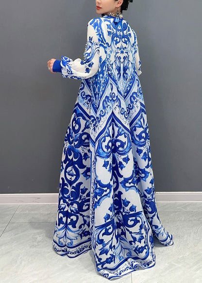 Blue Print Exra Large Hem Holiday Dress Lantern Sleeve
