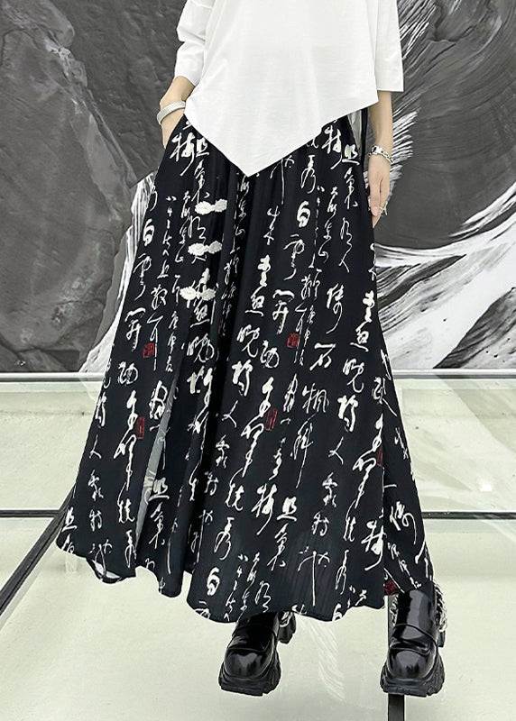 Black Print Side Open Wrinkled Patchwork Cotton Skirts Summer