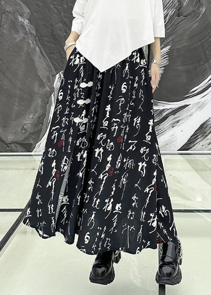 Black Print Side Open Wrinkled Patchwork Cotton Skirts Summer