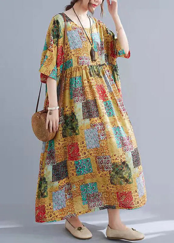 O Neck Short Sleeve Cotton Long Dresses Patchwork Color Clothing Summer Dress