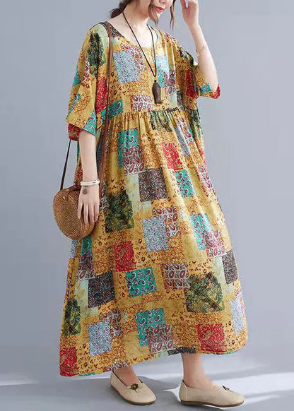 O Neck Short Sleeve Cotton Long Dresses Patchwork Color Clothing Summer Dress