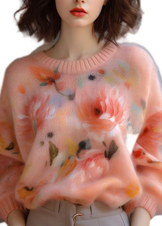 New Pink O Neck Thick Print Cotton Blendt Sweater Fall