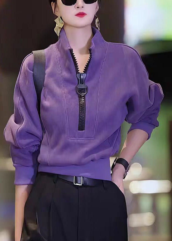 Purple Zip Up Patchwork Cotton Tops Fall