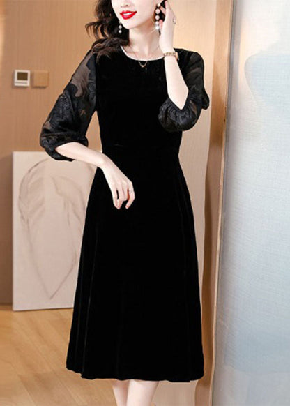 Black O-neck Embroidered Tulle Patchwork Silk Maxi Dresses Fall