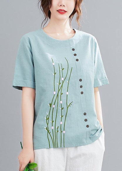 White O-neck Button Shirt Tops Summer Cotton Linen