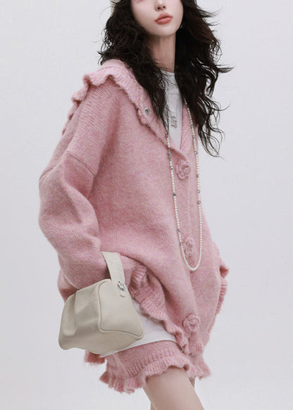 Pink Ruffled Patchwork Cotton Knit Hooded Cardigan and Skirts Two Piece Set Fall