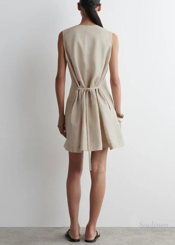 Art V Neck Linen a Line Tea Dress Sleeveless