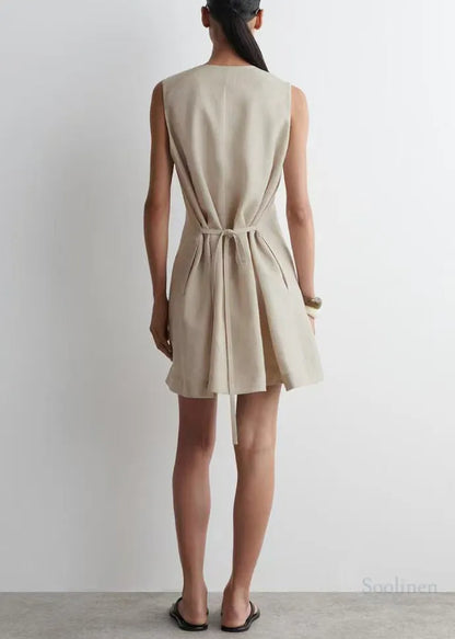 Art V Neck Linen a Line Tea Dress Sleeveless