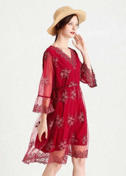 Fine Mulberry V Neck Jacquard Spring Three Quarter Sleeve Dress