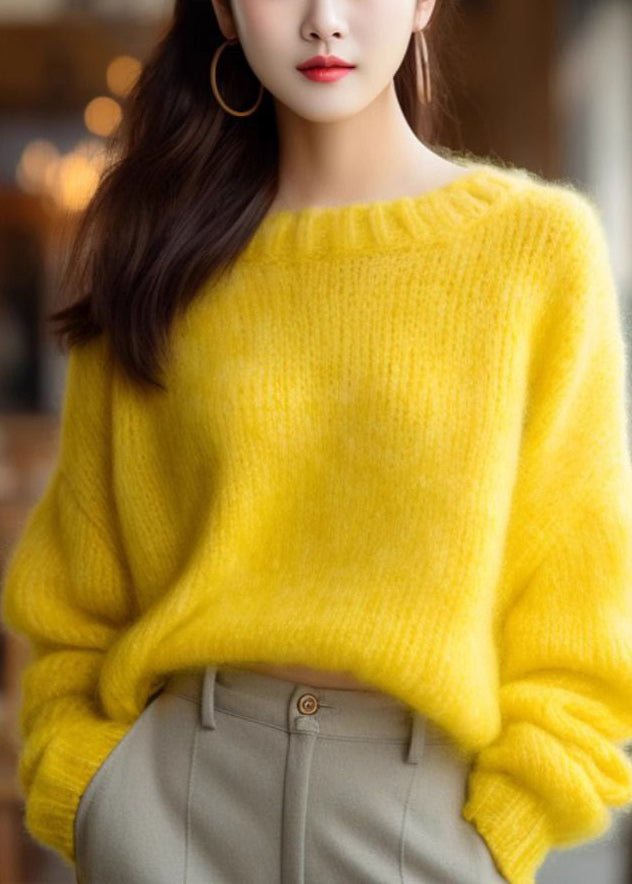 Simple Yellow O Neck Cotton Knit Sweater Long Sleeve