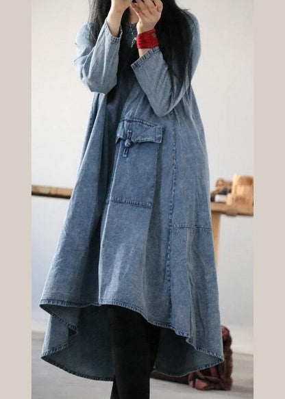 Denim Blue U Neck Dress Large Hem Mid Dress