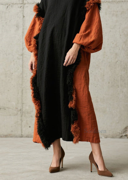 Colorblock Fuzzy Fur Fluffy Patchwork Cotton Maxi Dress Fall