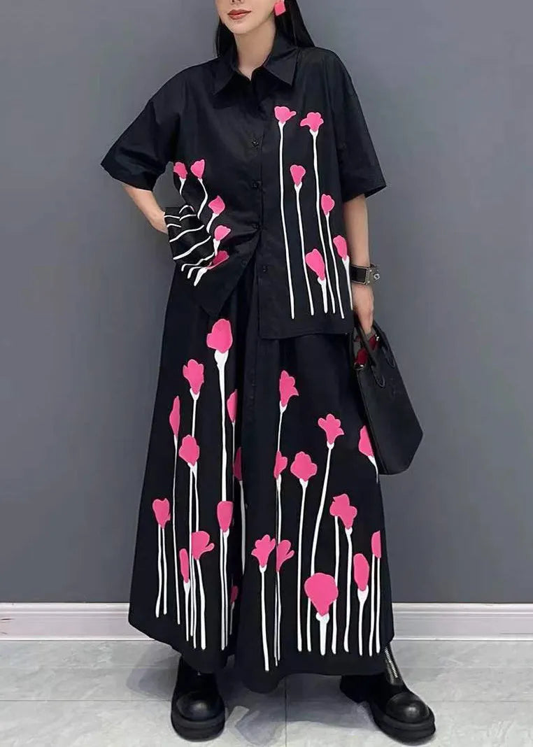 Black Print Shirt and Skirts Two Pieces Set Summer