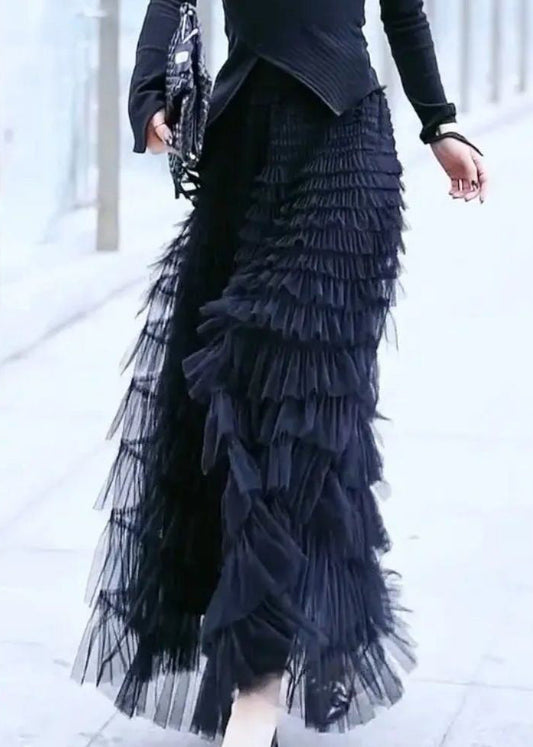 Black Wrinkled High Waist Patchwork Tulle Skirt Spring