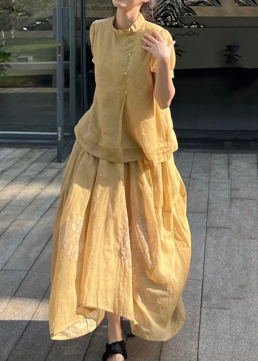 Yellow Lace Patchwork Tops and Skirts Cotton Two Pieces Set Summer