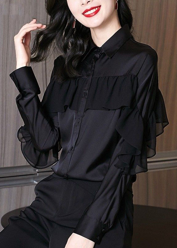Red Peter Pan Collar Ruffled Patchwork Silk Shirts Spring
